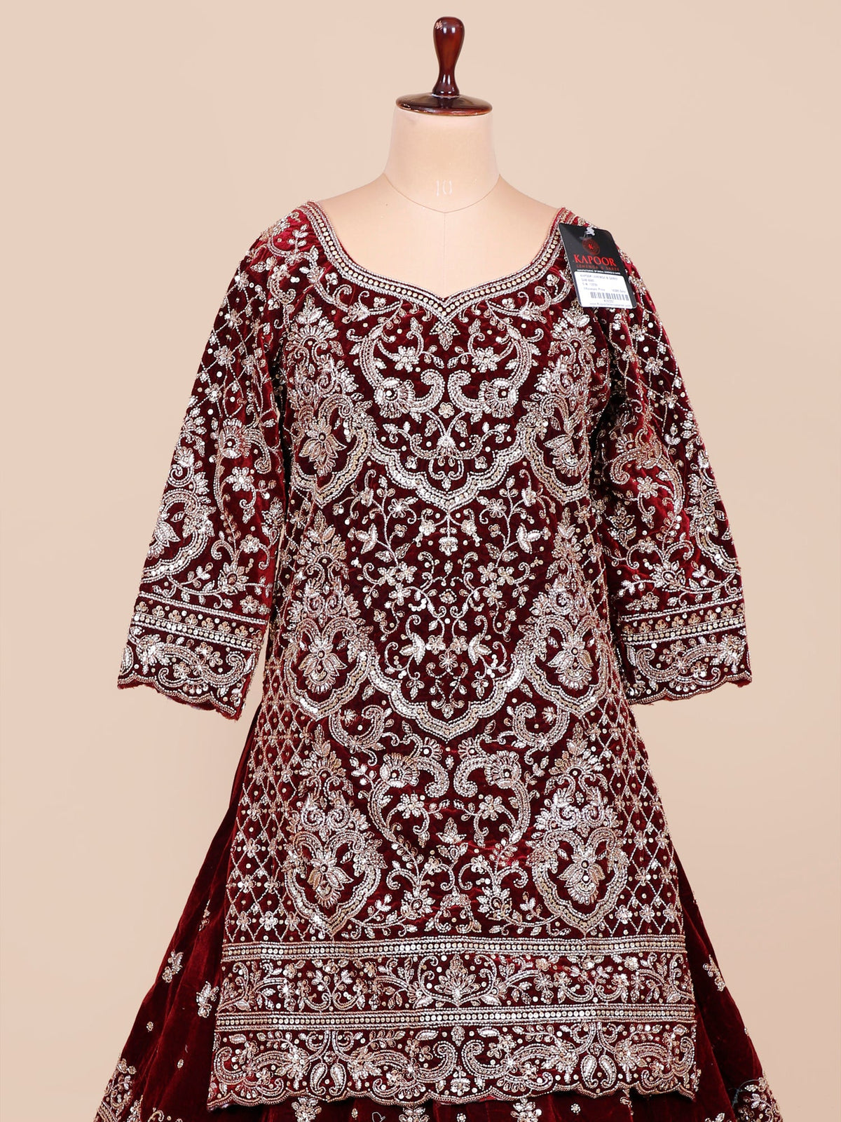MyFashion KLS-2152 Maroon Majesty Peplum Velvet Lehenga with Jarkan Diamond