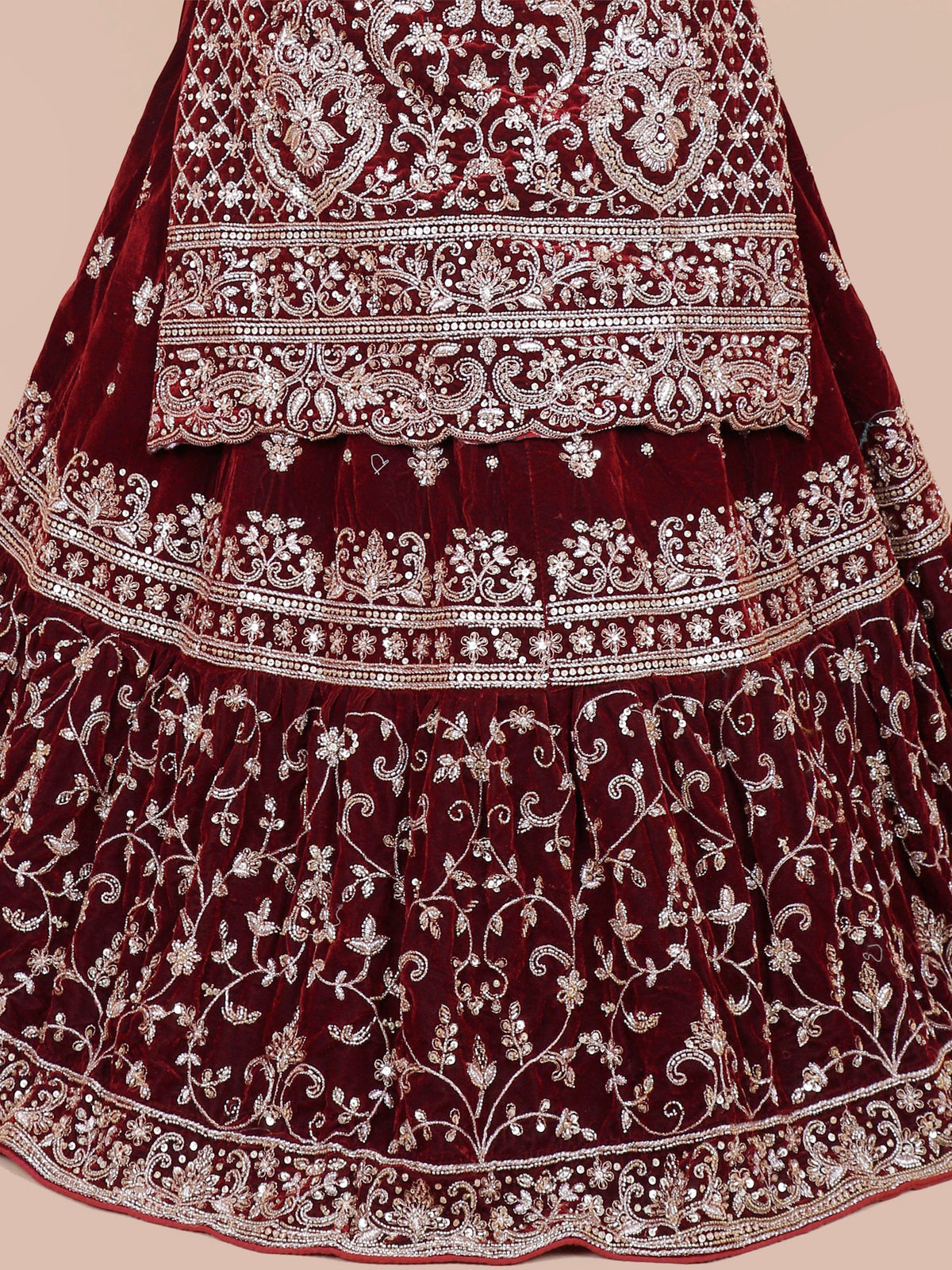 MyFashion KLS-2152 Maroon Majesty Peplum Velvet Lehenga with Jarkan Diamond