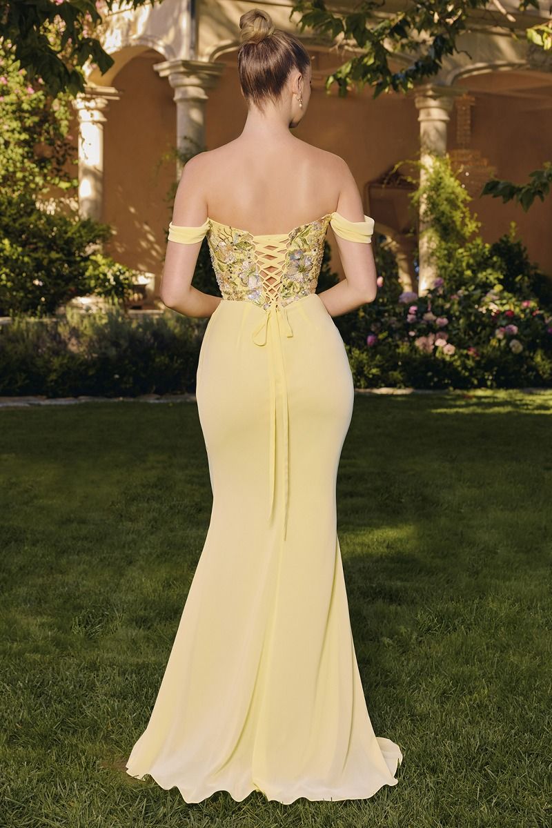 Amoris -T721 Embroidered Chiffon Off Shoulder Gown