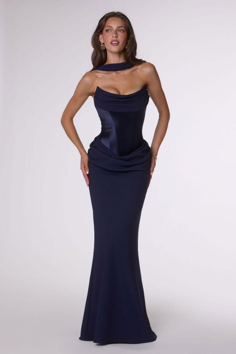 Amoris -T732 Crepe Fitted Strapless Scarf Gown