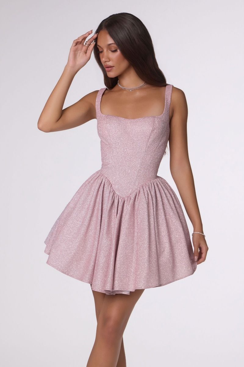 Amoris -T738 Glitter Square Short Sleeveless Dress