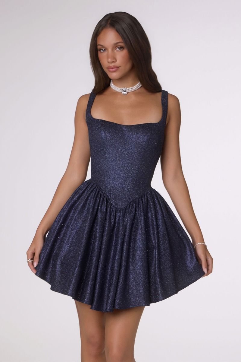 Amoris -T738 Glitter Square Short Sleeveless Dress