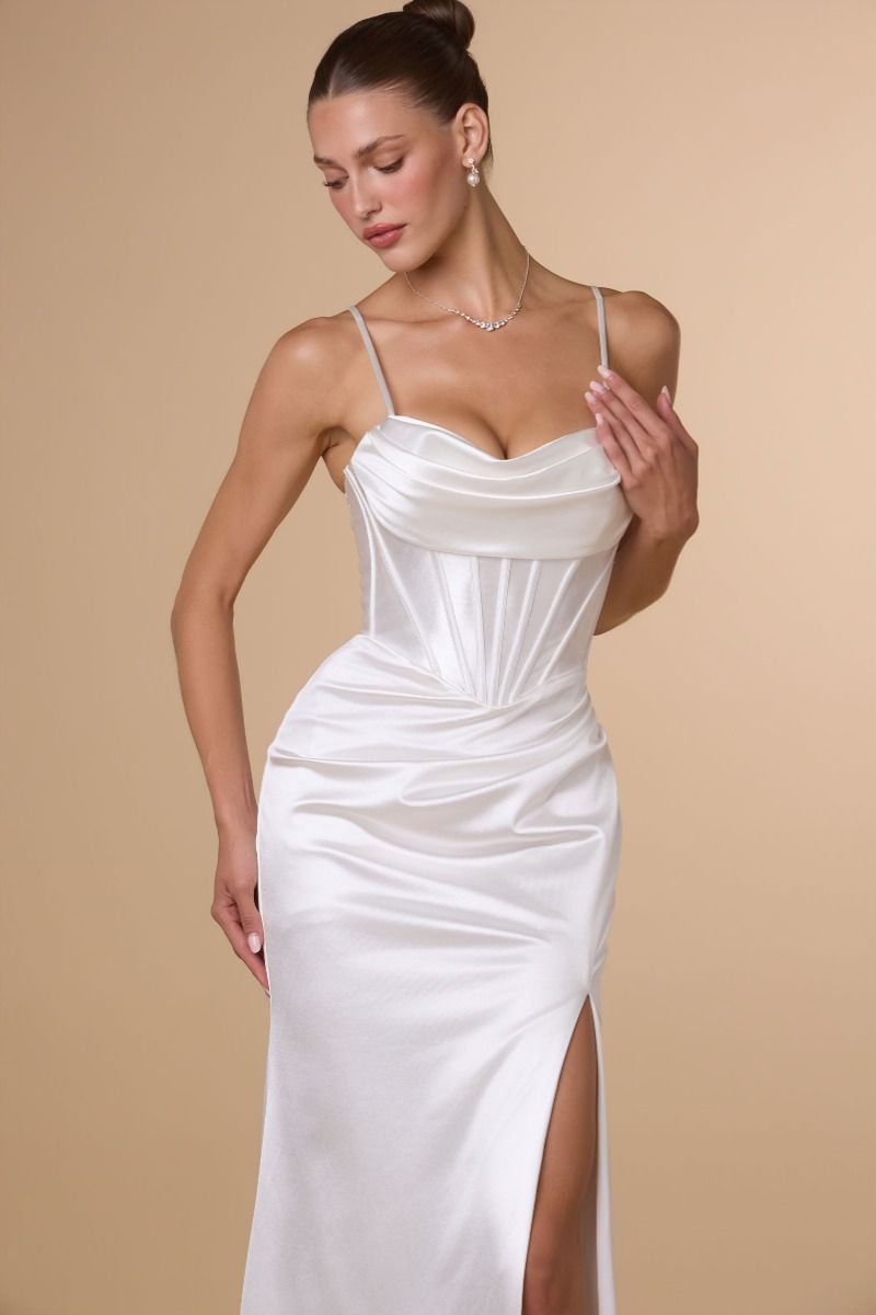 Amoris -T815W Sweetheart Satin Sleeveless Slit Gown
