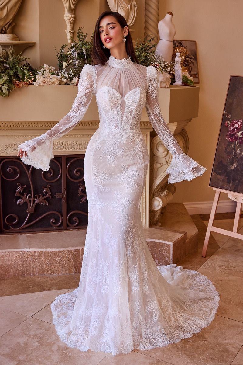 high neck wedding dress mermaid Classic High-Neck Lace Mermaid Wedding Dress with Long Sleeve nand Elegant Train Size 2