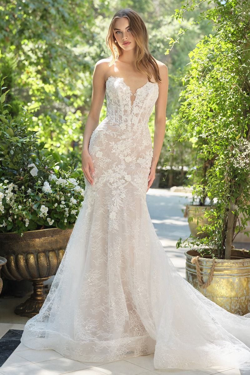 strapless fitted wedding dresses F221010 Romantic Lace Appliqu Gown with Sparkly Sequin Under-Layer and a concealed zipper closure. Sleek and Strapless Fit-and-Flare Gown
