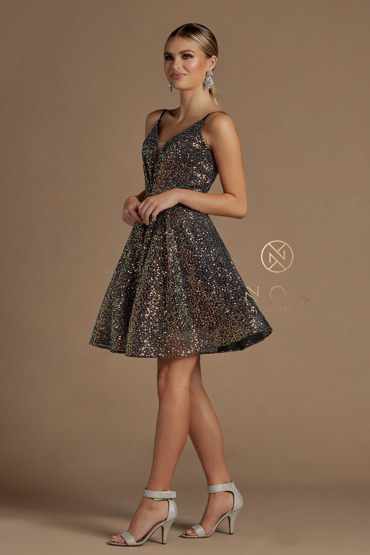 Short Iridescent Sequin V-Neck Dress By Nox Anabel -R703