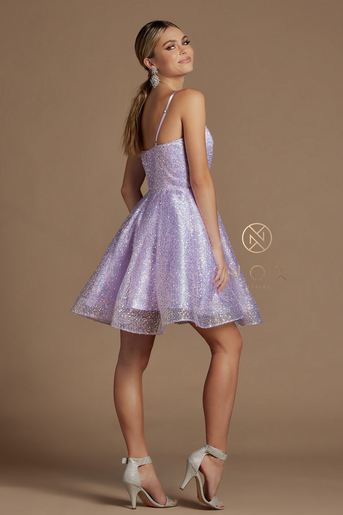 Short Iridescent Sequin V-Neck Dress By Nox Anabel -R703