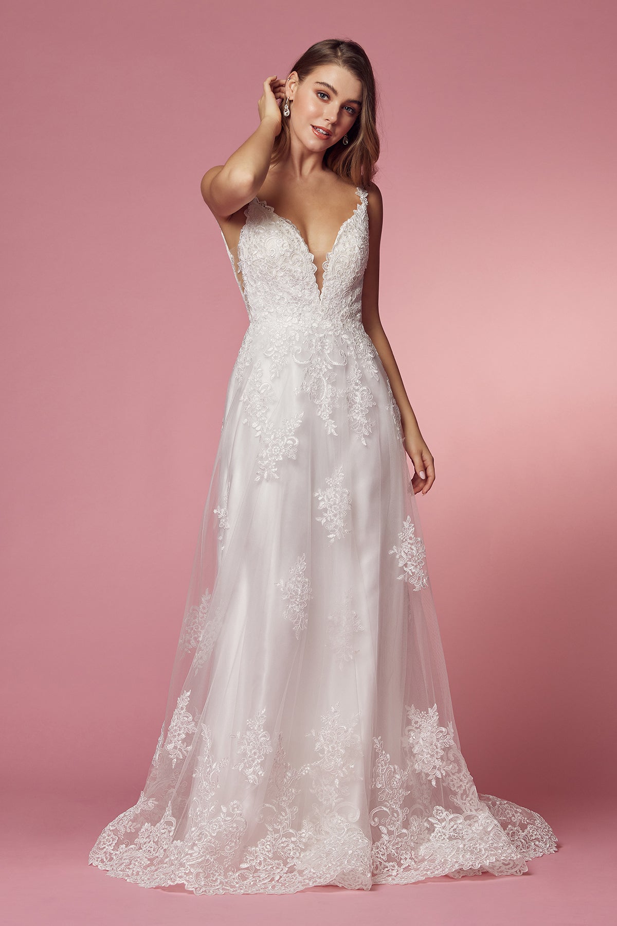 White Lace Applique V-Neck Gown By Nox Anabel -C461