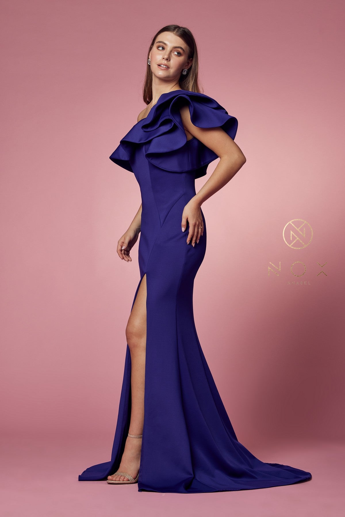 Ruffled One Shoulder Gown By Nox Anabel -E467