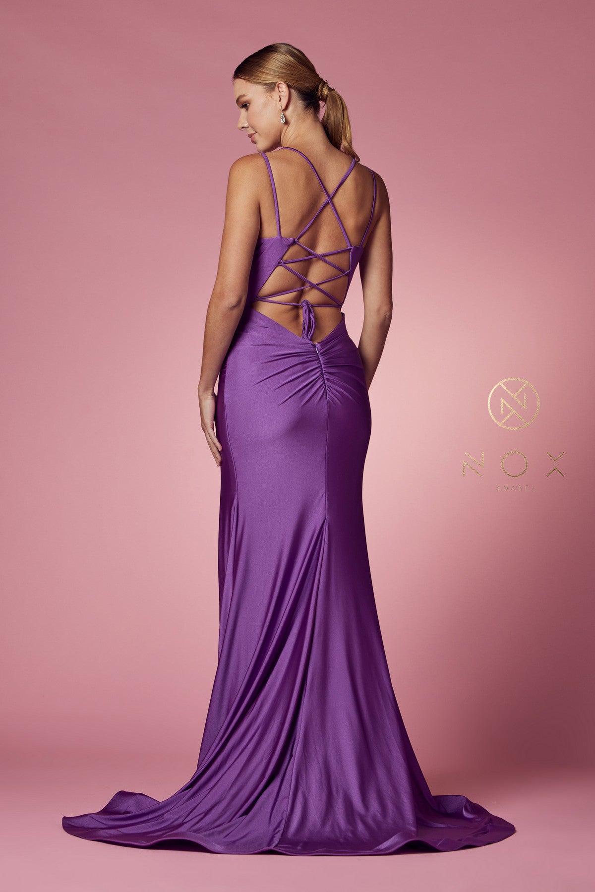 Fitted Strappy Back Slit Gown By Nox Anabel -T481