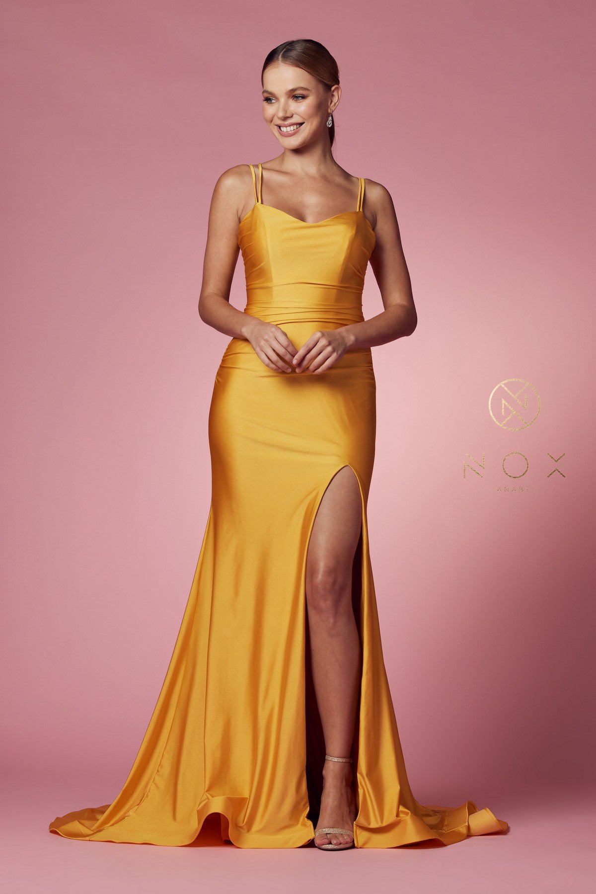 Fitted Strappy Back Slit Gown By Nox Anabel -T481