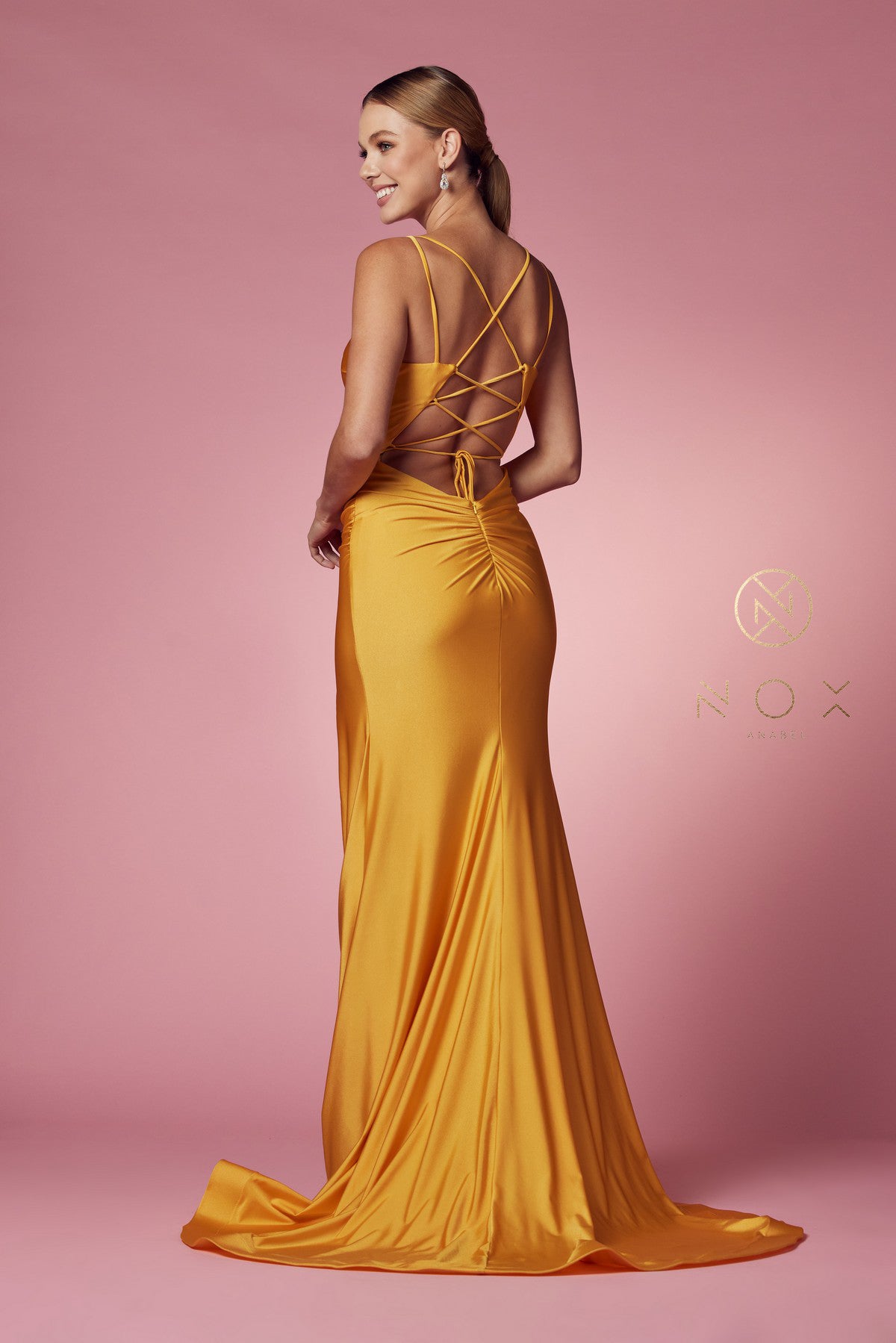 Fitted Strappy Back Slit Gown By Nox Anabel -T481