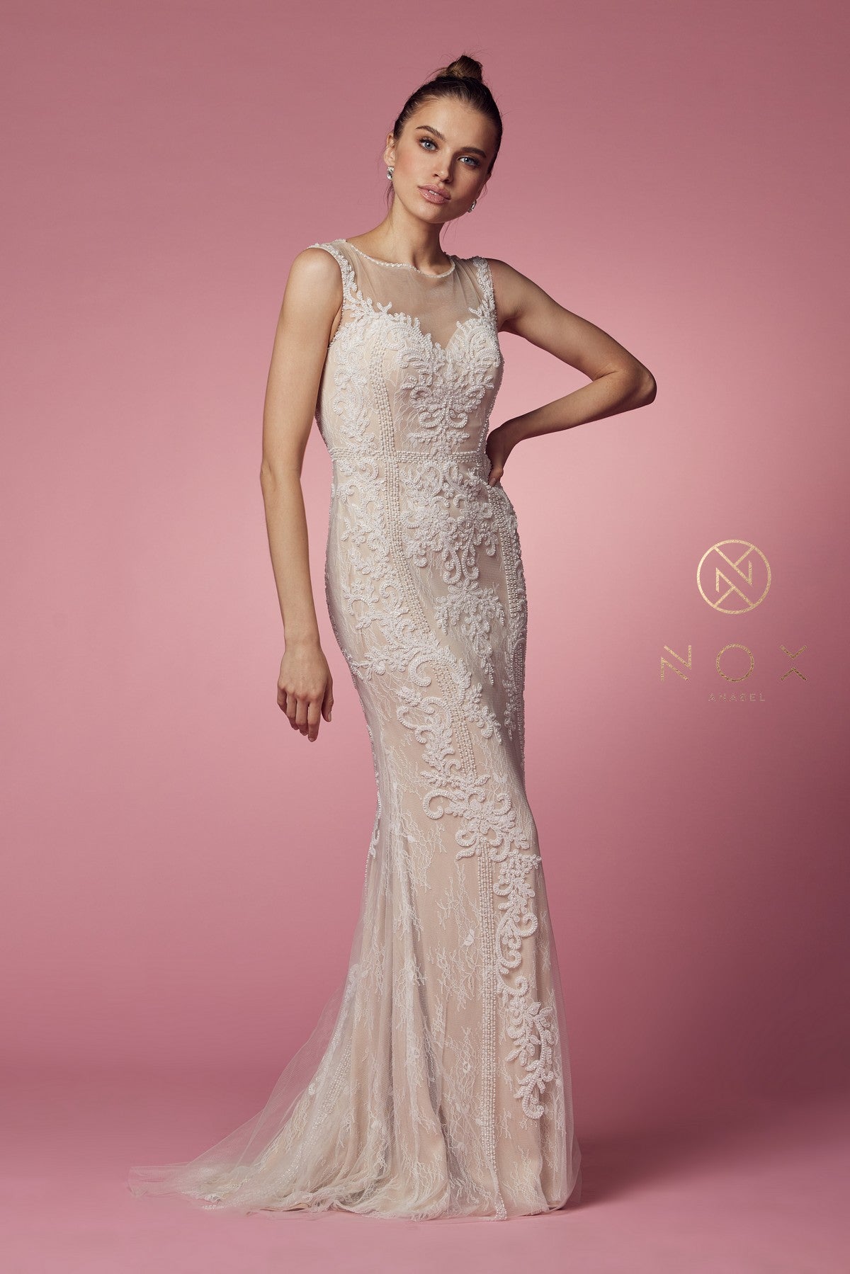 Fitted Long Lace Applique Sleeveless Dress By Nox Anabel -E1006