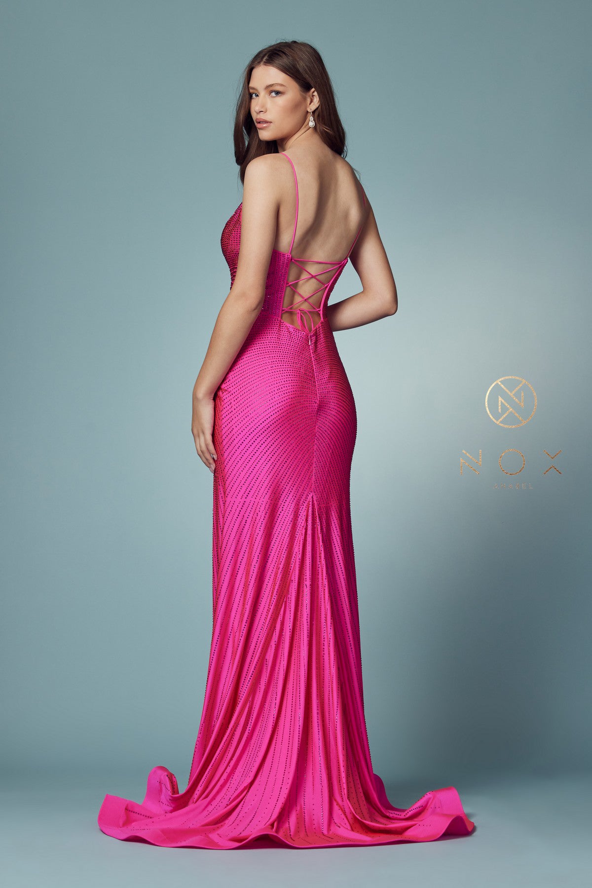 Beaded Lace-Up Back Mermaid Gown By Nox Anabel -E1038