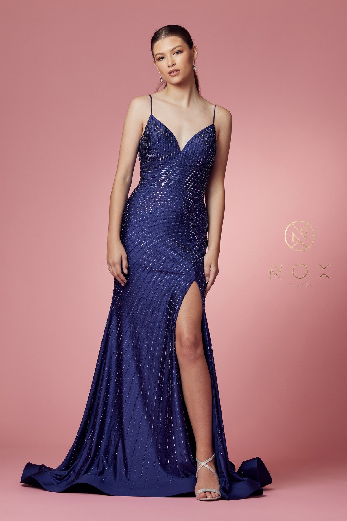 Beaded Lace-Up Back Mermaid Gown By Nox Anabel -E1038
