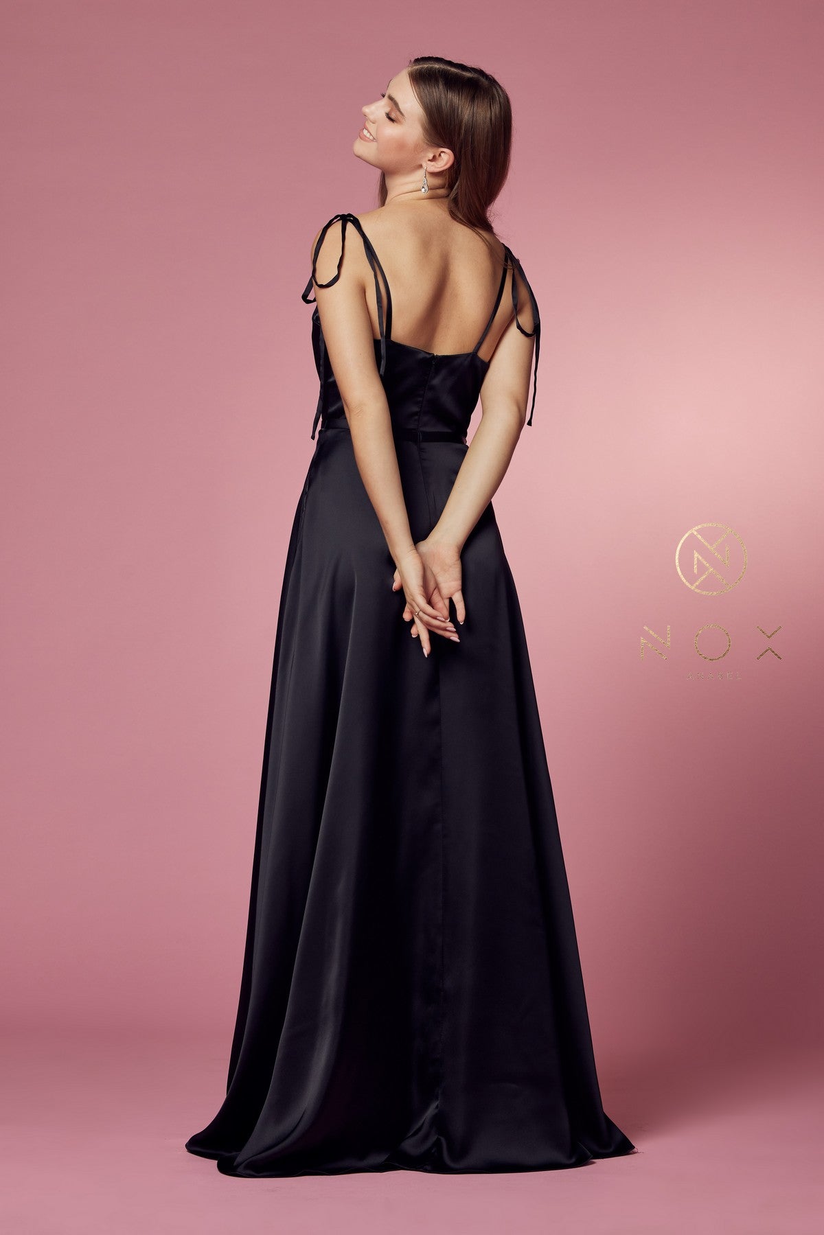 Long Satin V-Neck Dress By Nox Anabel -R1029