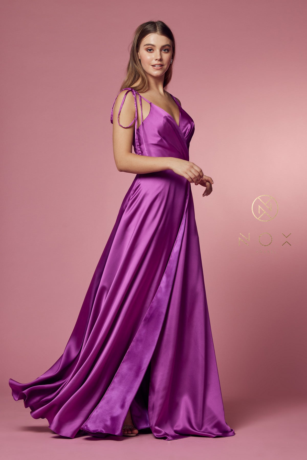 Long Satin V-Neck Dress By Nox Anabel -R1029