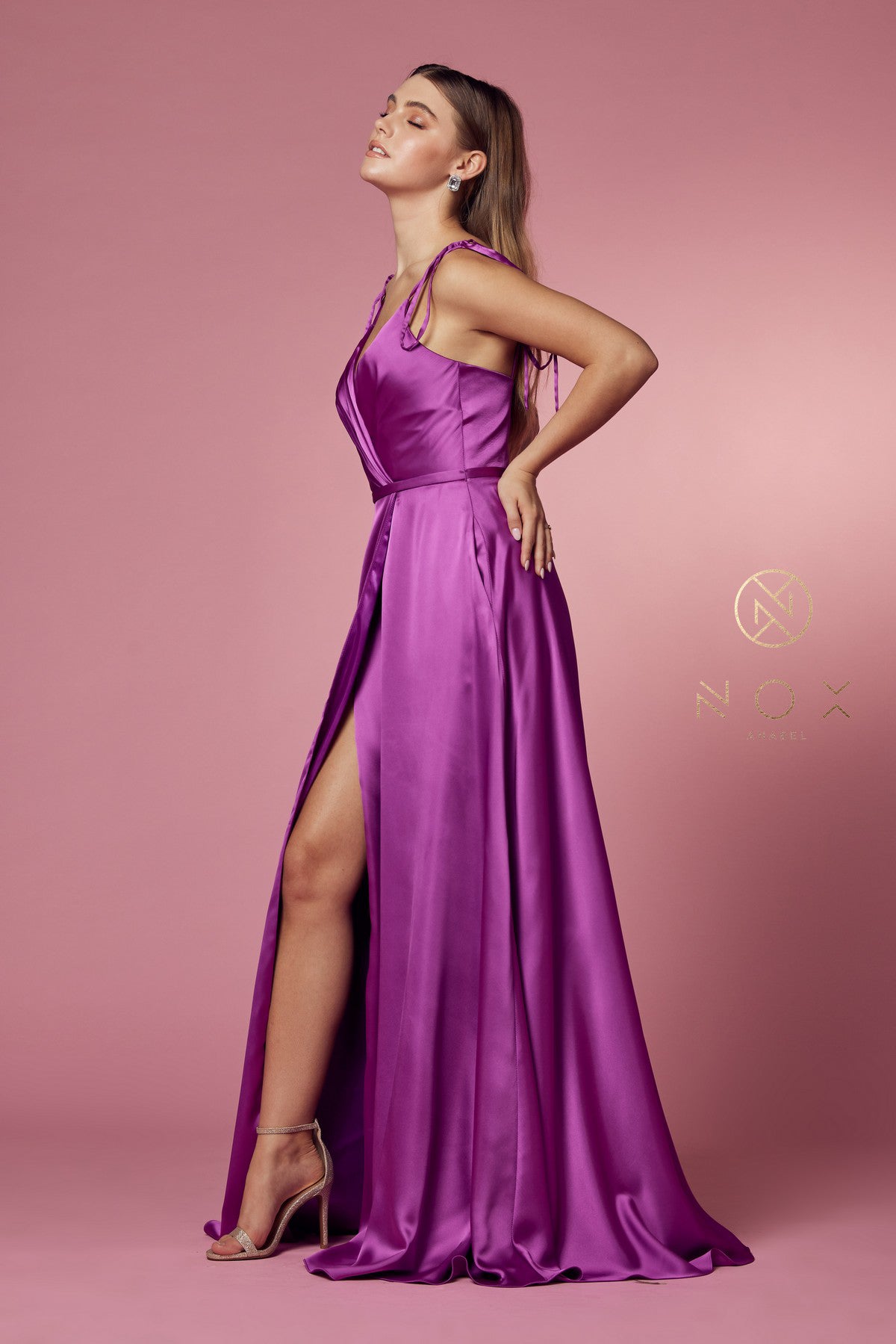 Long Satin V-Neck Dress By Nox Anabel -R1029