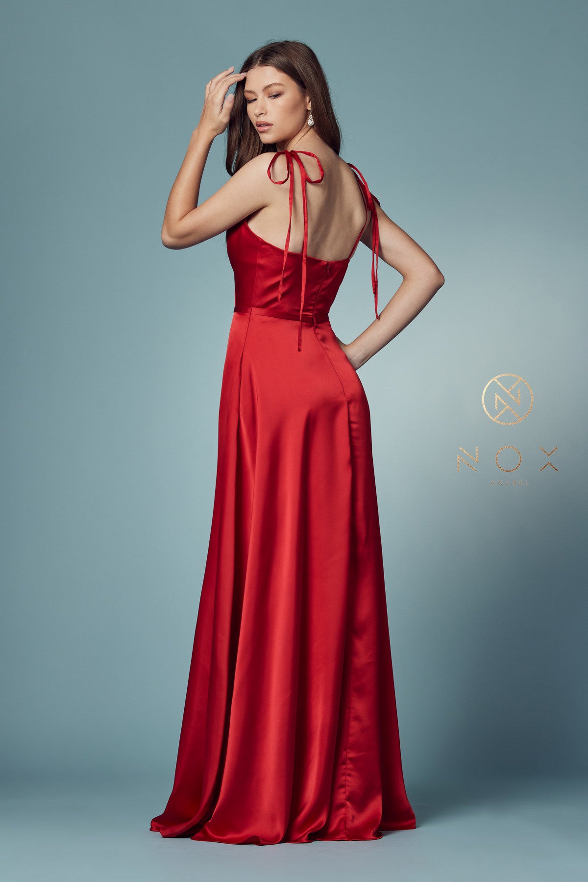 Long Satin V-Neck Dress By Nox Anabel -R1029