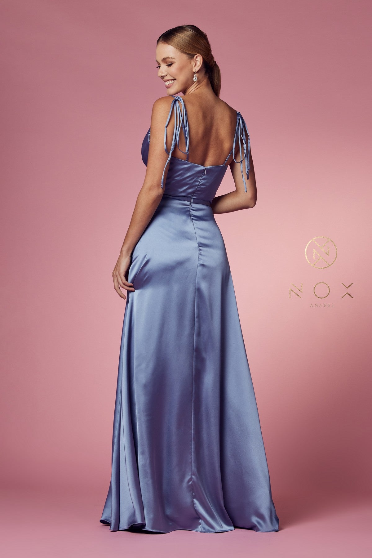 Long Satin V-Neck Dress By Nox Anabel -R1029