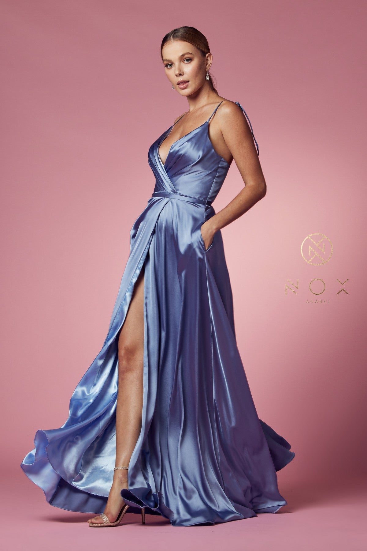 Long Satin V-Neck Dress By Nox Anabel -R1029