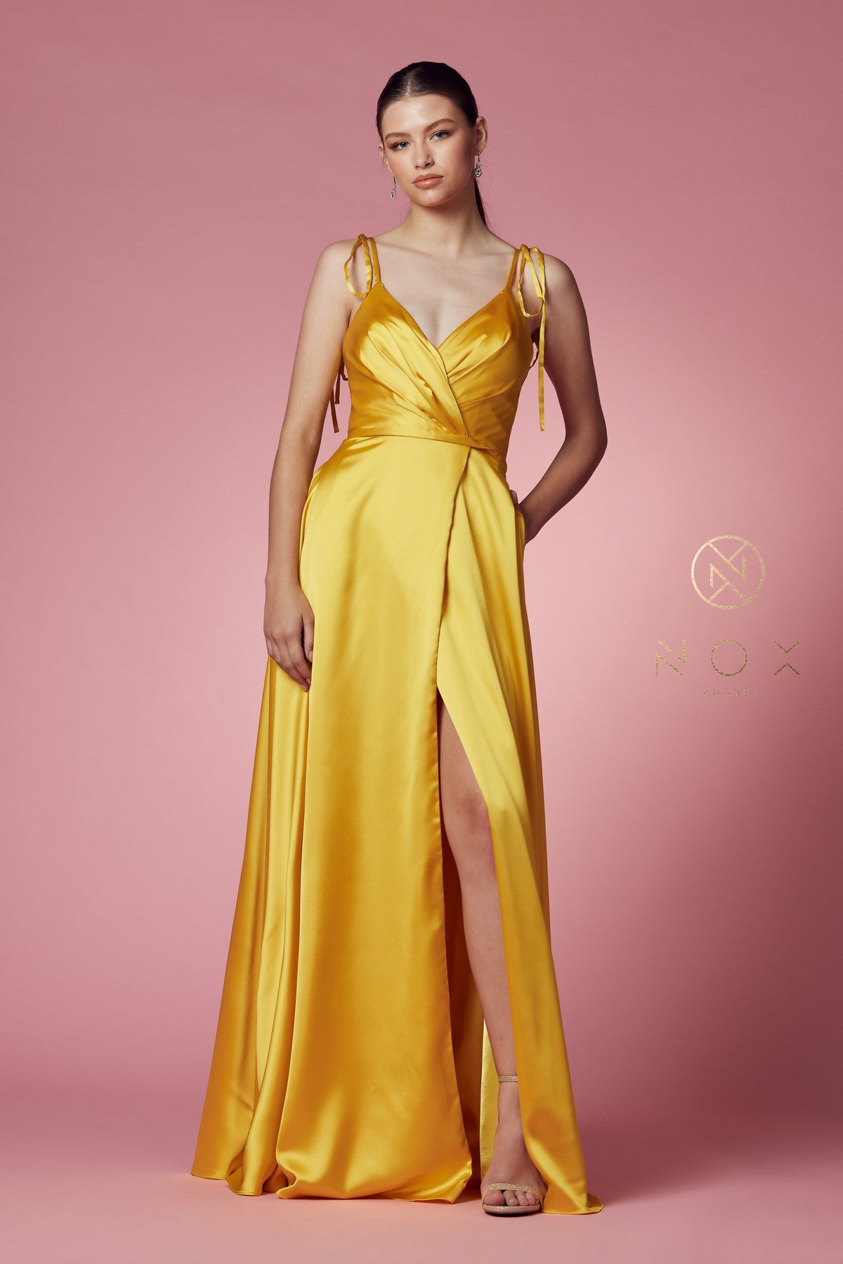 Long Satin V-Neck Dress By Nox Anabel -R1029