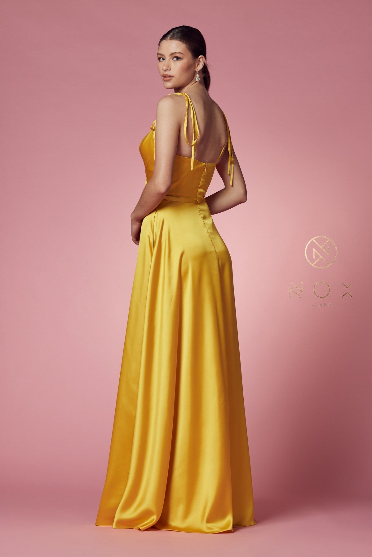 Long Satin V-Neck Dress By Nox Anabel -R1029