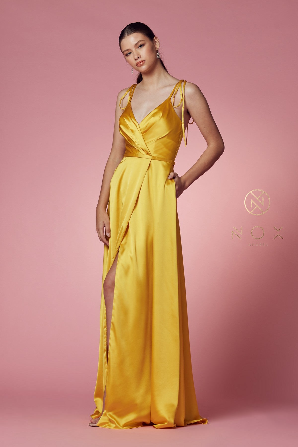 Long Satin V-Neck Dress By Nox Anabel -R1029