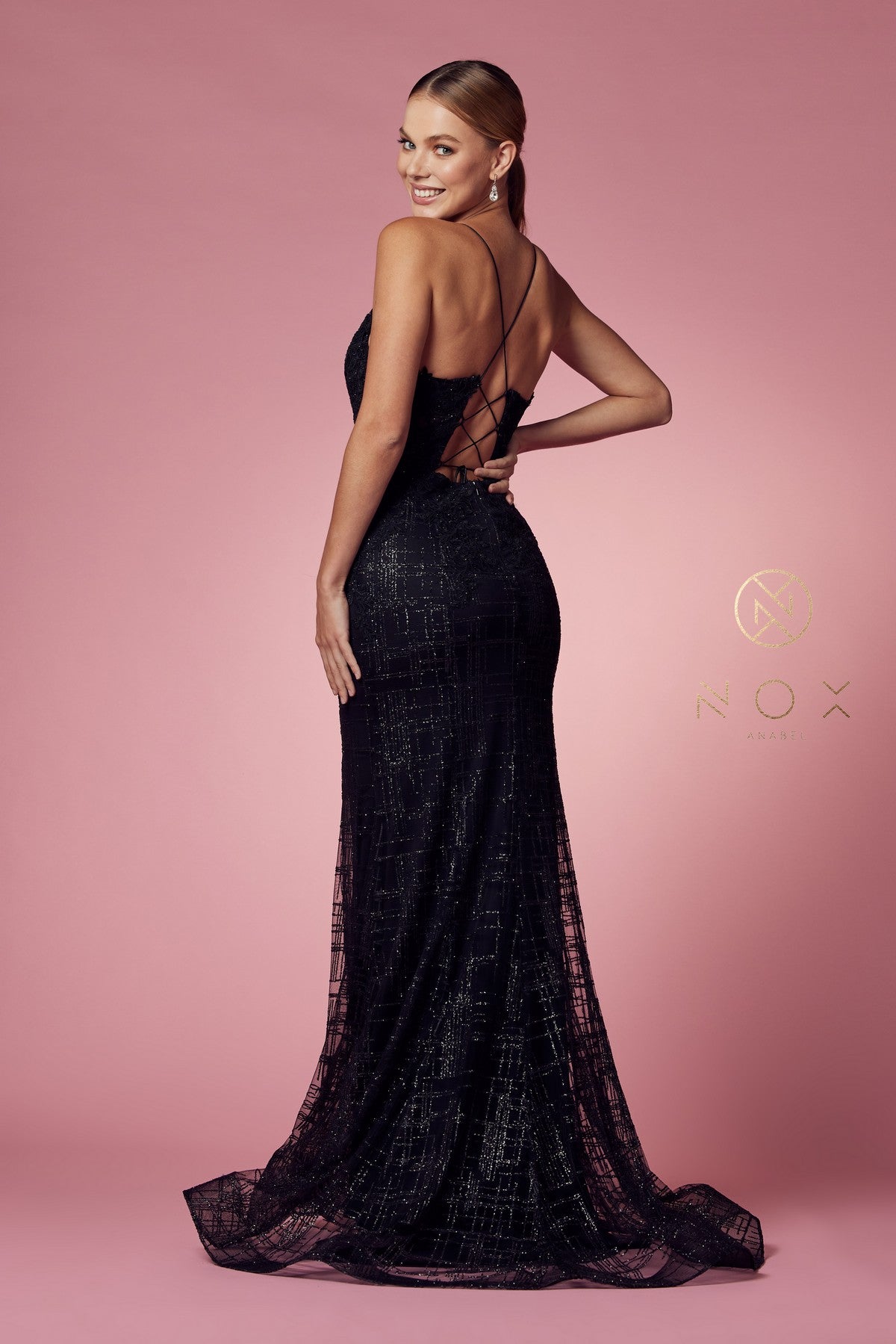 Clearance Sale Nox Anabel -R282-1CL Glitter Print V-Neck Mermaid Dress