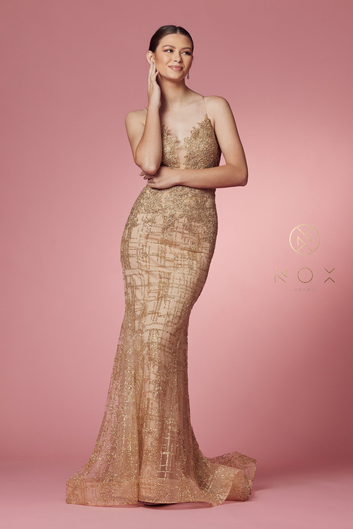 Clearance Sale Nox Anabel -R282-1CL Glitter Print V-Neck Mermaid Dress