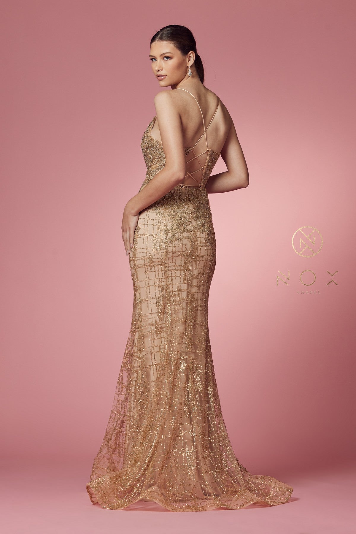 Clearance Sale Nox Anabel -R282-1CL Glitter Print V-Neck Mermaid Dress