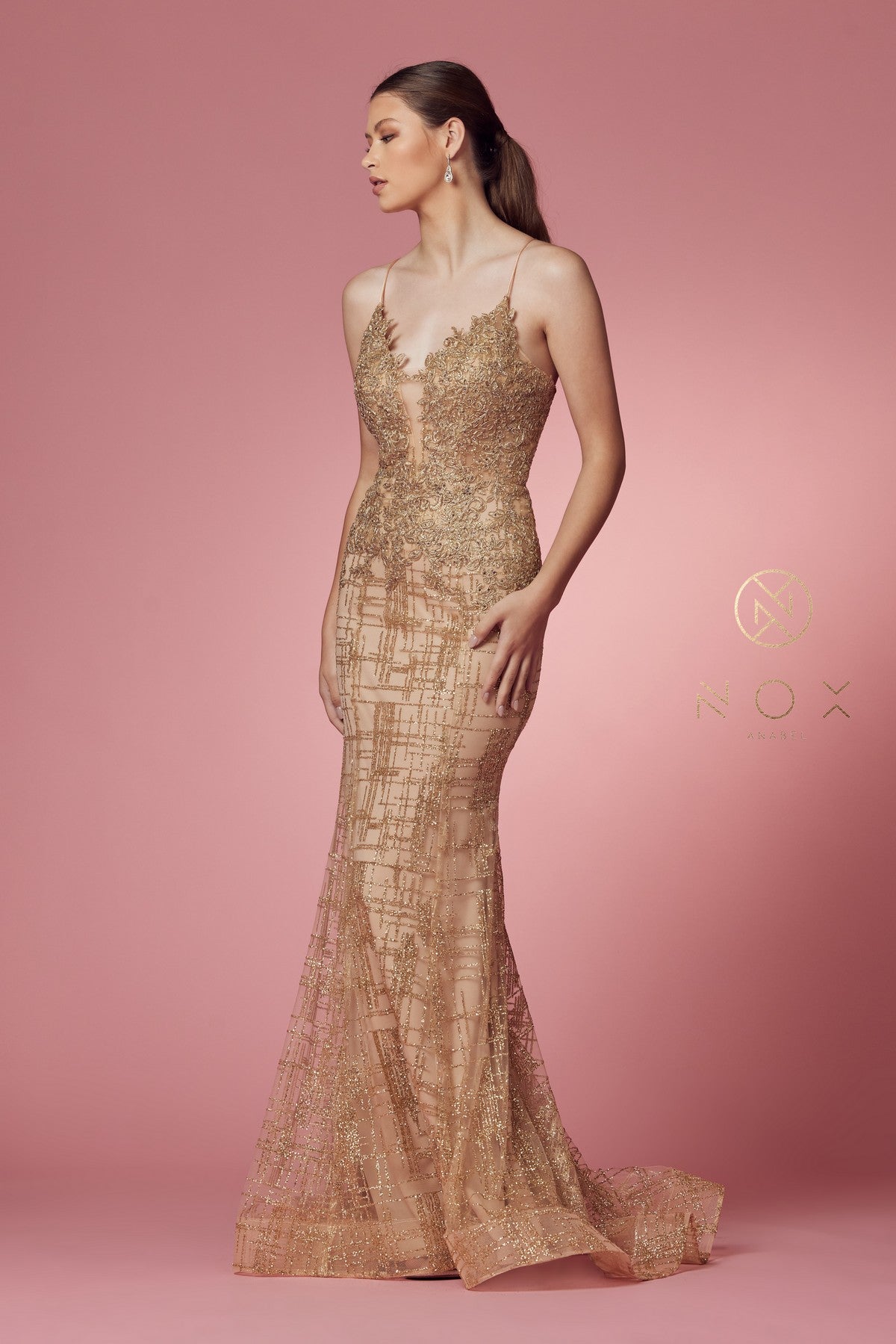 Clearance Sale Nox Anabel -R282-1CL Glitter Print V-Neck Mermaid Dress