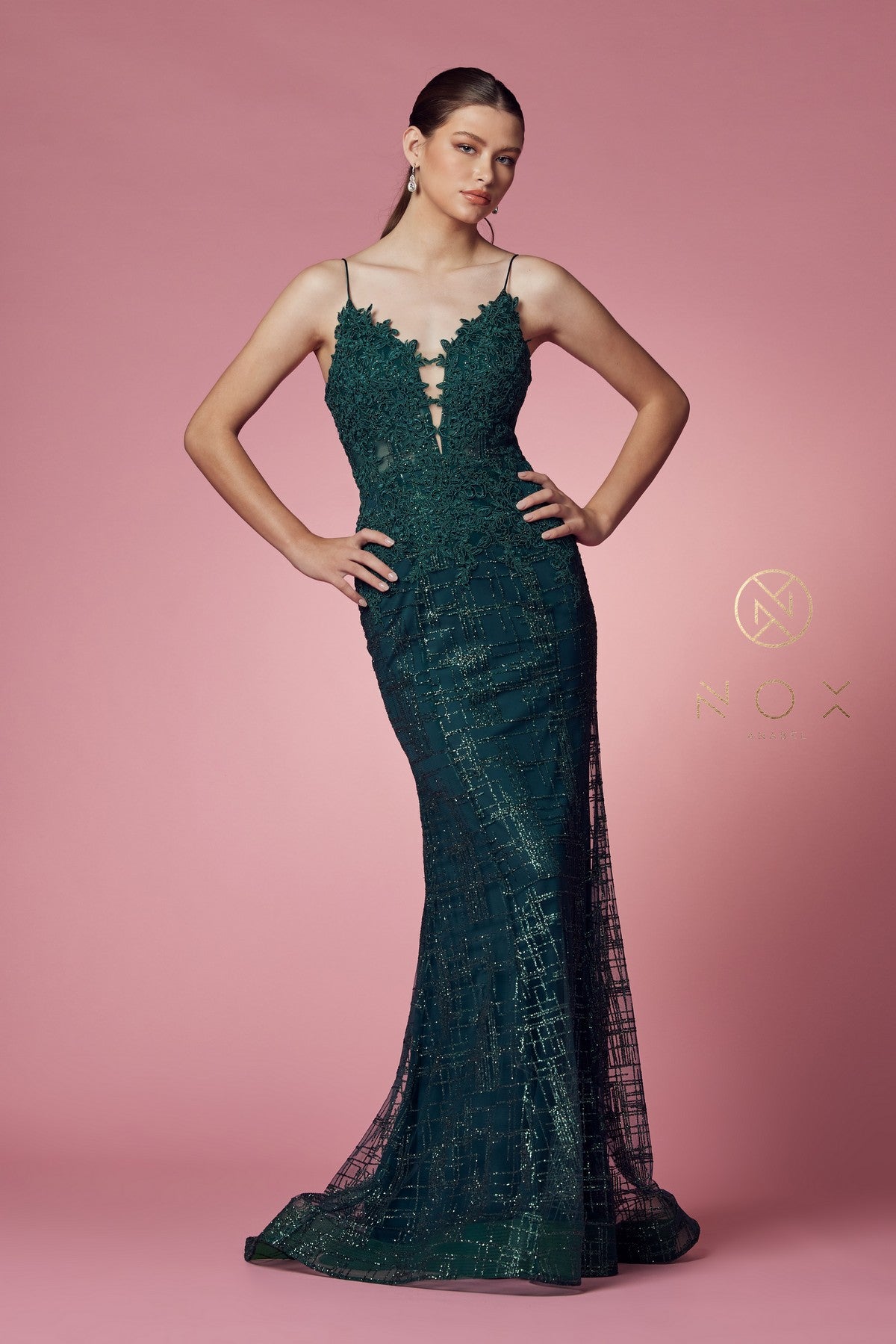 Clearance Sale Nox Anabel -R282-1CL Glitter Print V-Neck Mermaid Dress