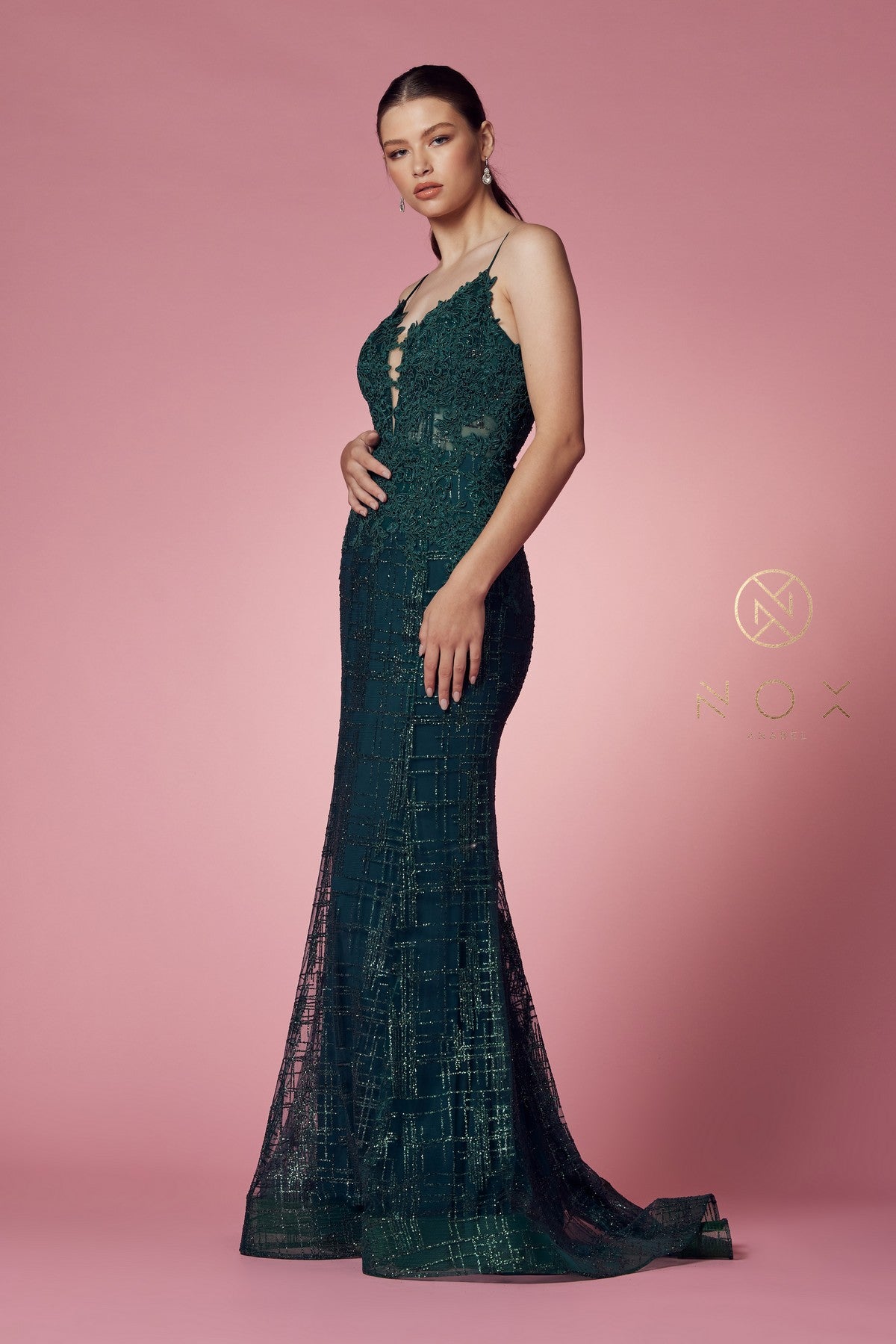 Clearance Sale Nox Anabel -R282-1CL Glitter Print V-Neck Mermaid Dress