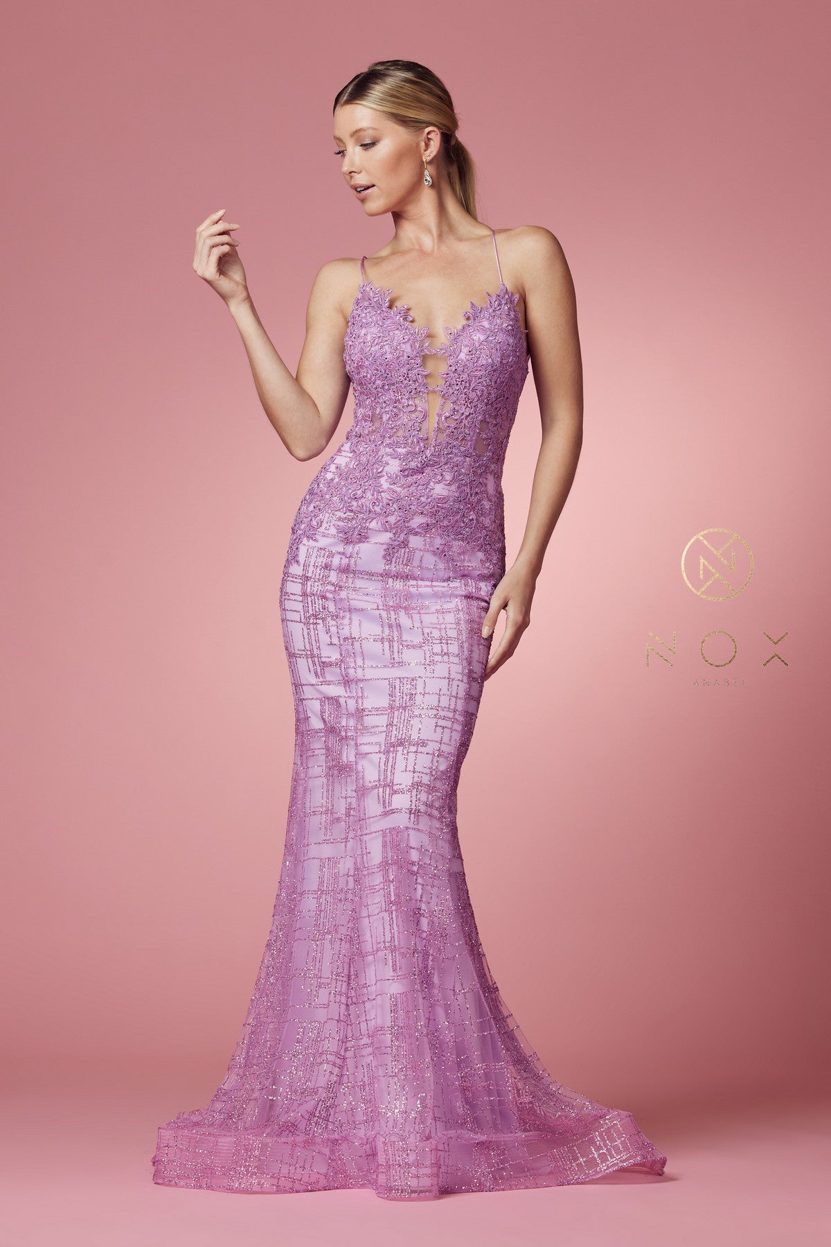 Clearance Sale Nox Anabel -R282-1CL Glitter Print V-Neck Mermaid Dress