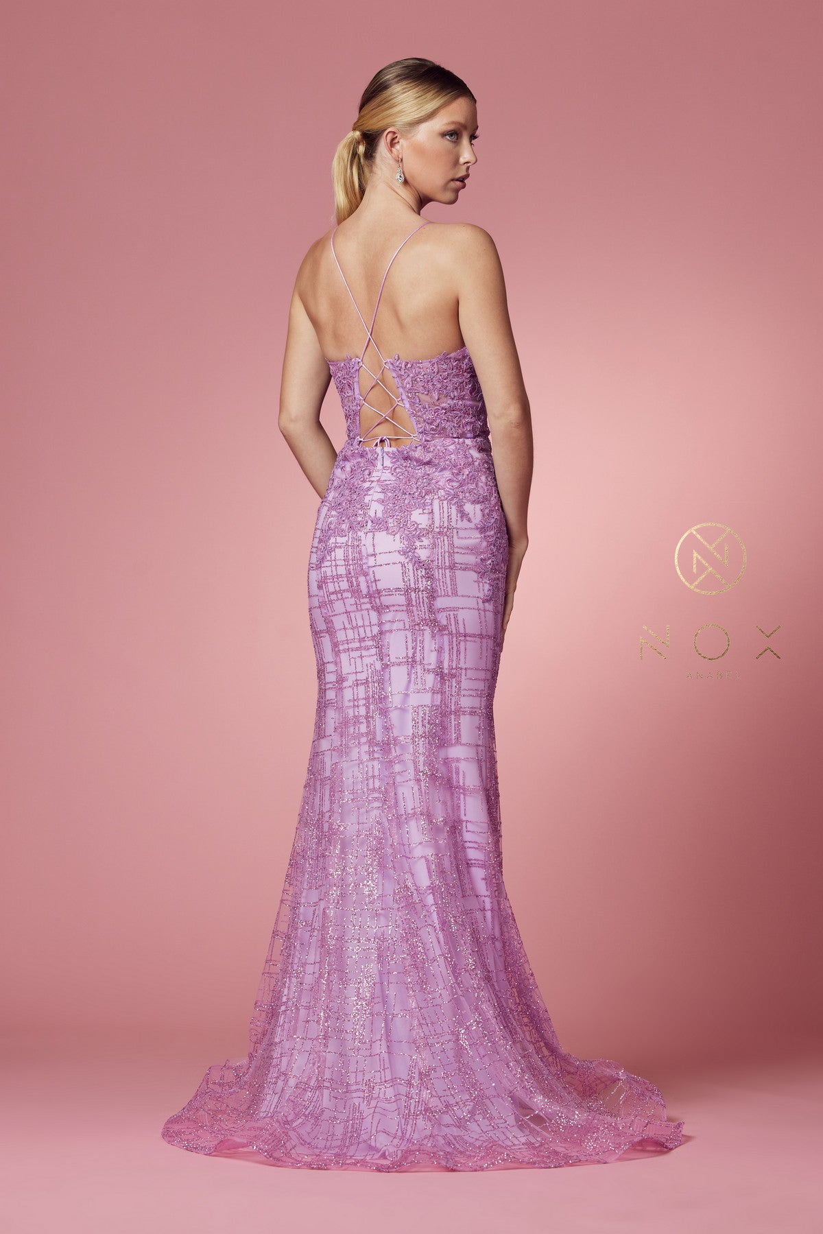 Clearance Sale Nox Anabel -R282-1CL Glitter Print V-Neck Mermaid Dress