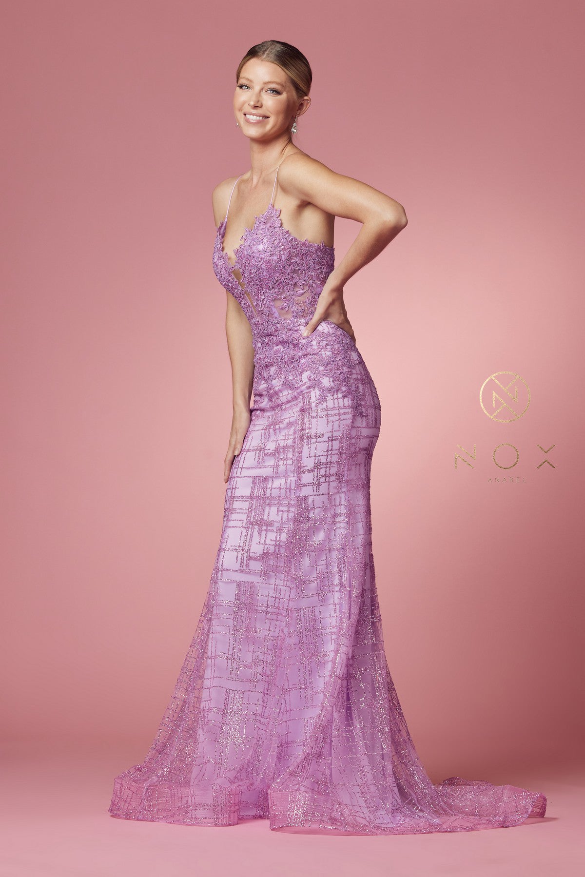 Clearance Sale Nox Anabel -R282-1CL Glitter Print V-Neck Mermaid Dress