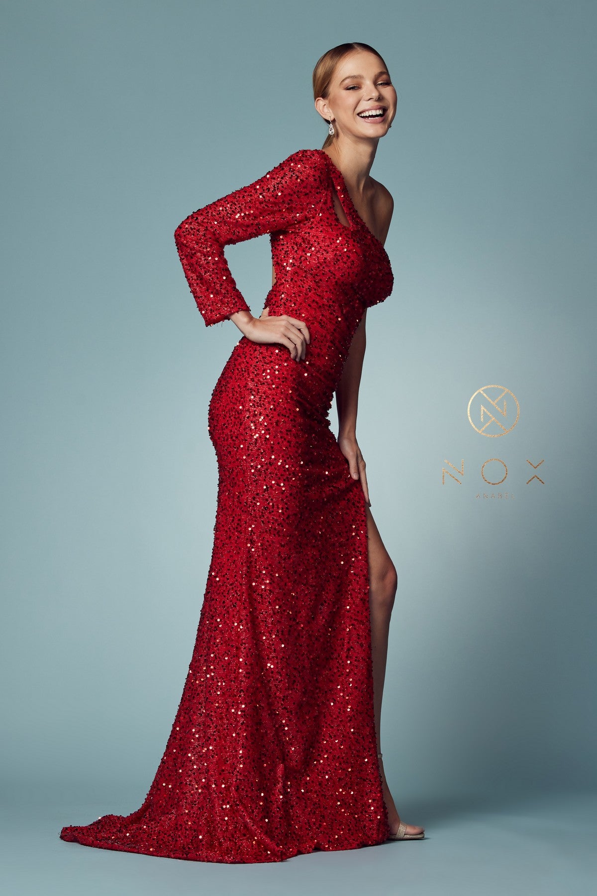 Fitted One Sleeve Sequin Gown By Nox Anabel -S1013