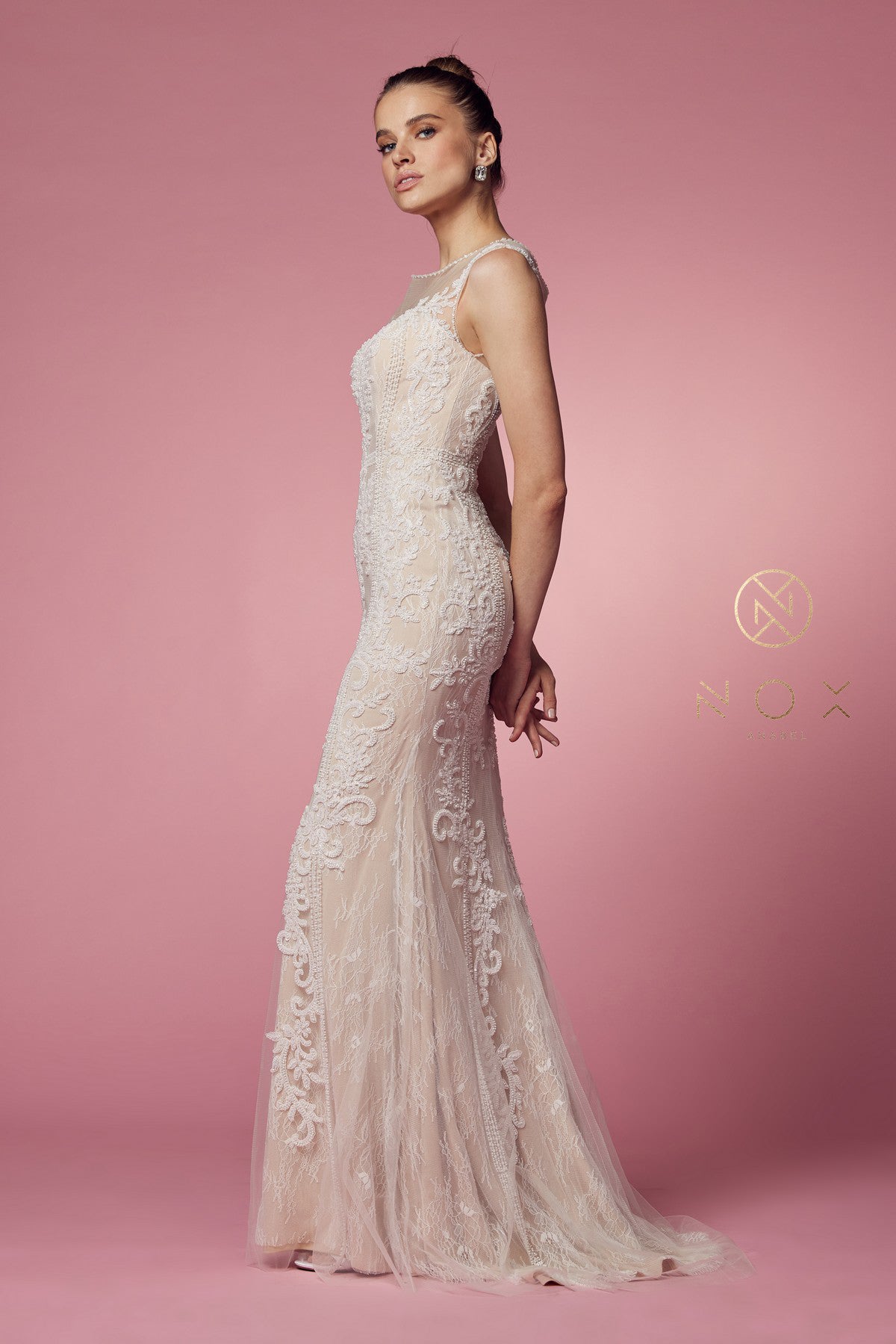 Fitted Long Lace Applique Sleeveless Dress By Nox Anabel -E1006P