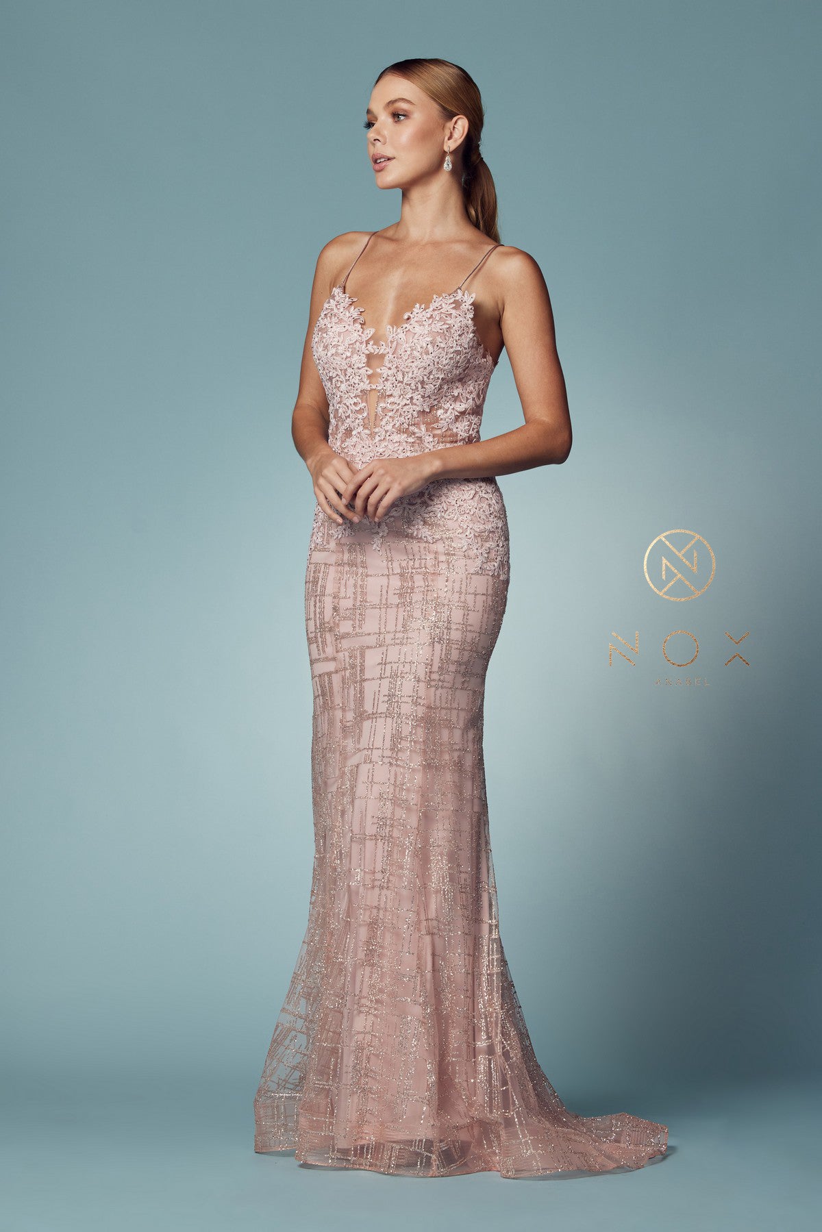 Clearance Sale Nox Anabel -R282-1CL Glitter Print V-Neck Mermaid Dress