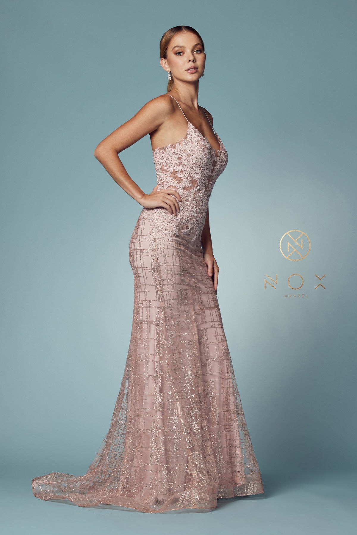 Clearance Sale Nox Anabel -R282-1CL Glitter Print V-Neck Mermaid Dress