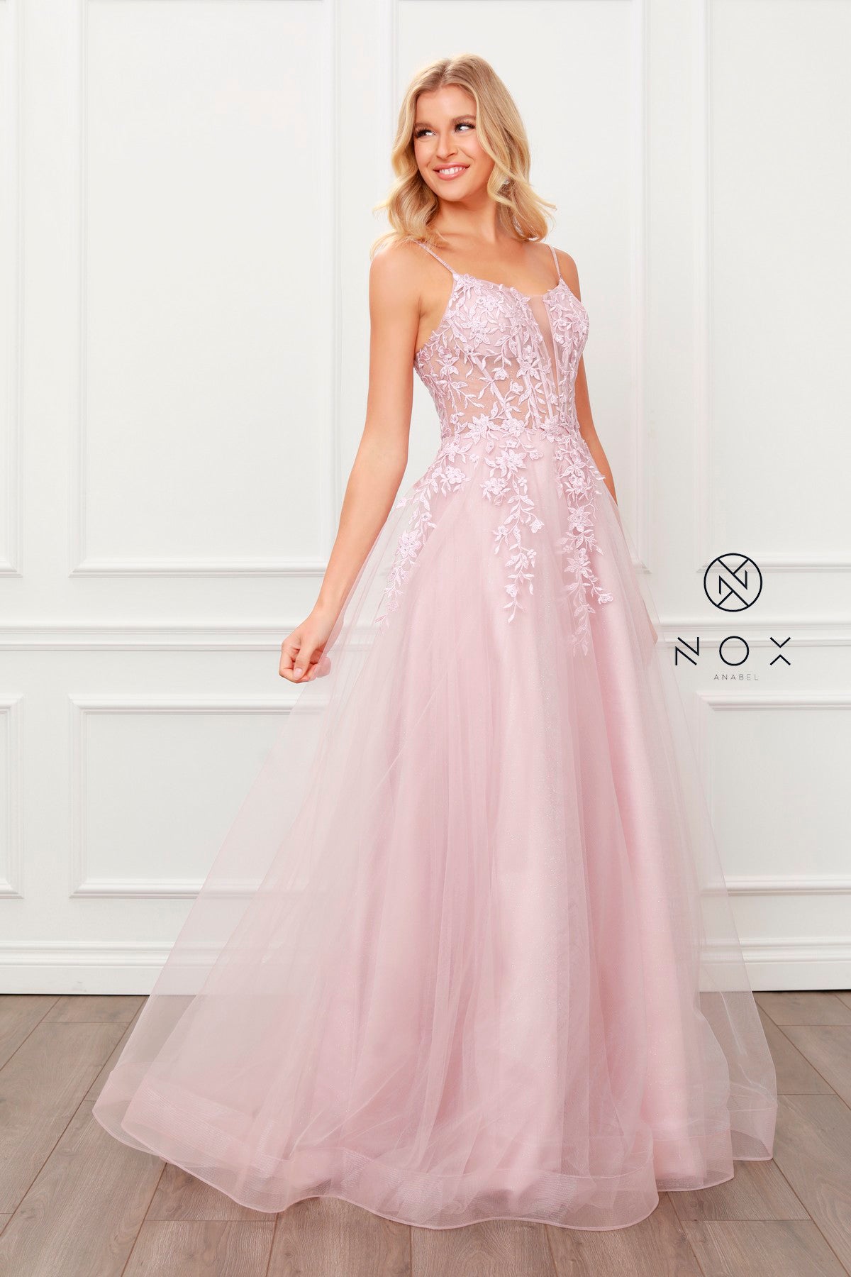 Floral Applique Tulle Gown By Nox Anabel -T449