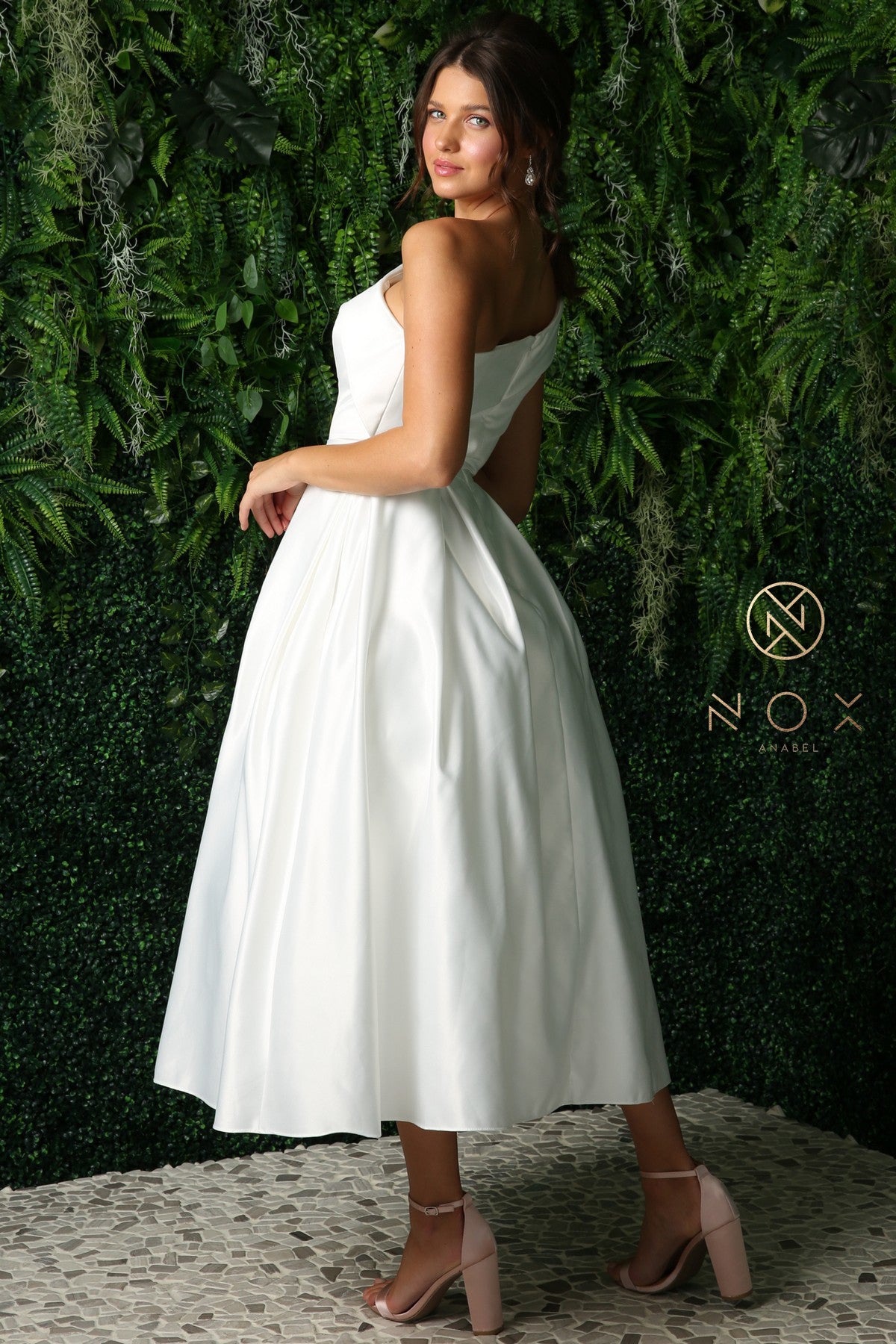 One Shoulder Tea Length Dress By Nox Anabel -JE931