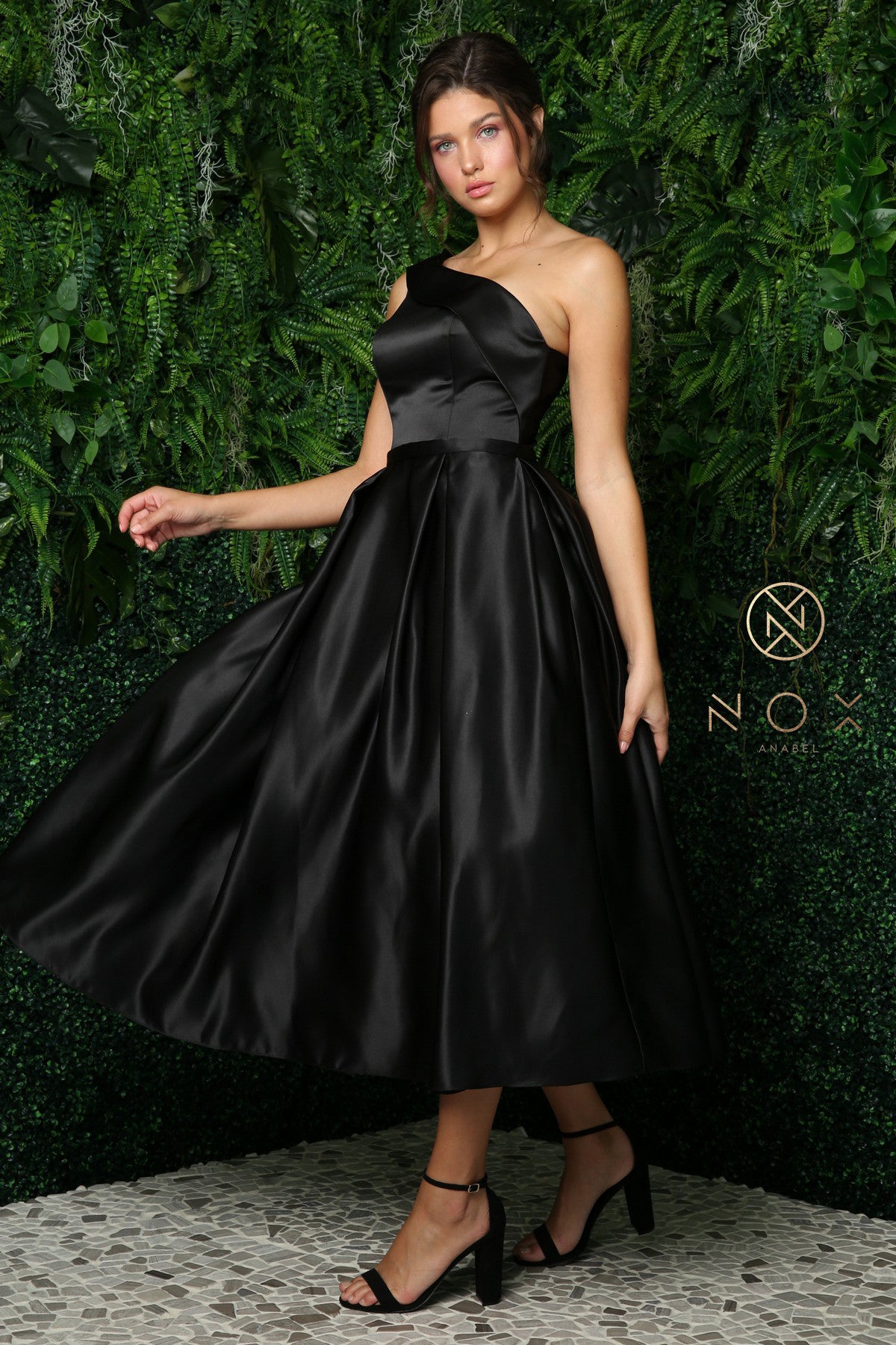 One Shoulder Tea Length Dress By Nox Anabel -JE931
