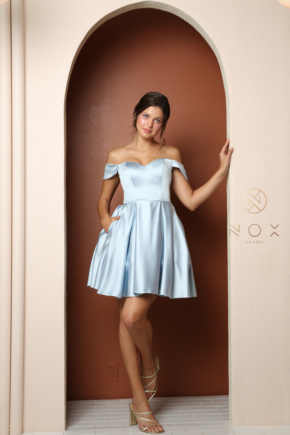 Off Shoulder Satin A Line Short Dress With Pocket By Nox Anabel -R773