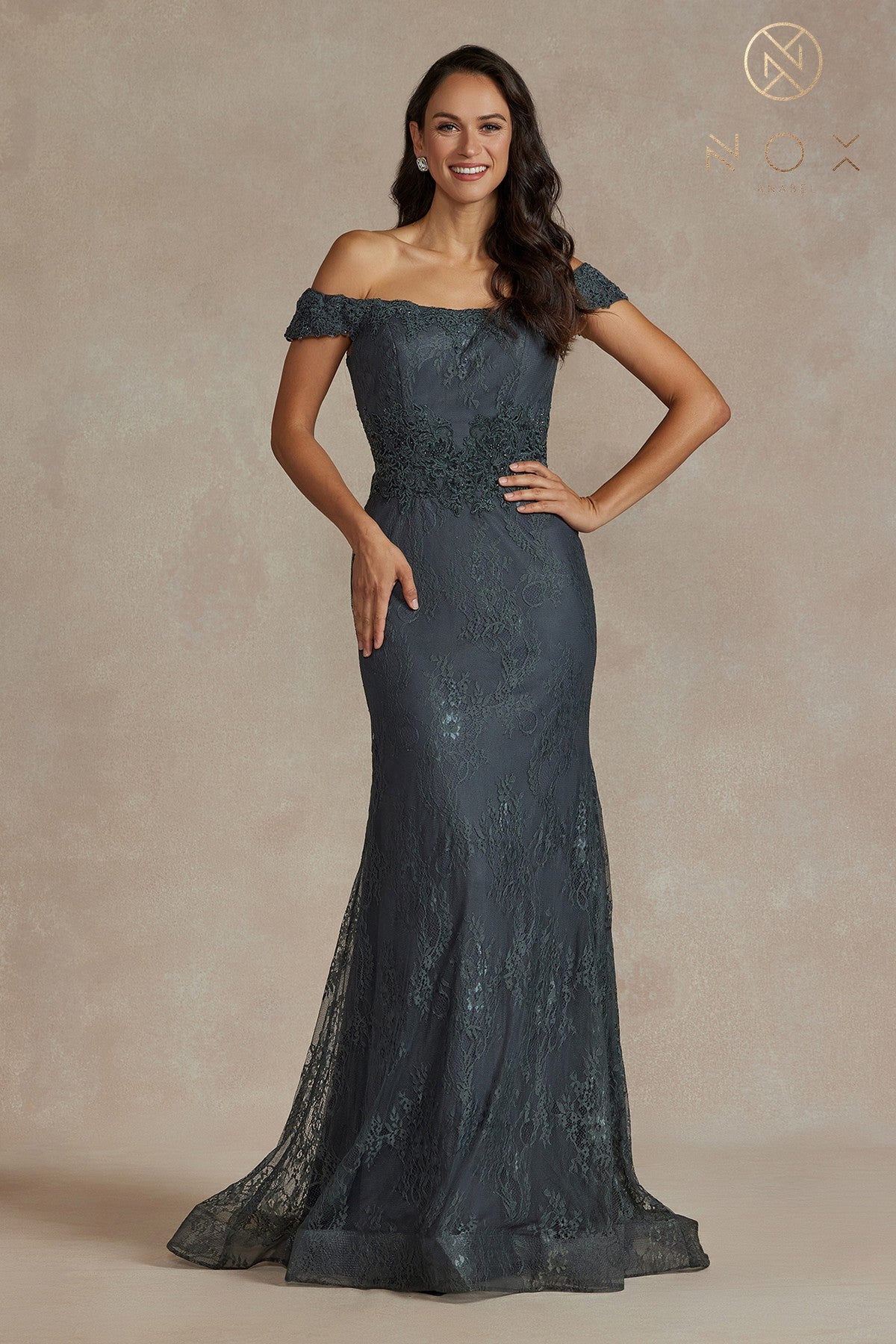 Fitted Off Shoulder Lace Gown By Nox Anabel -JQ501