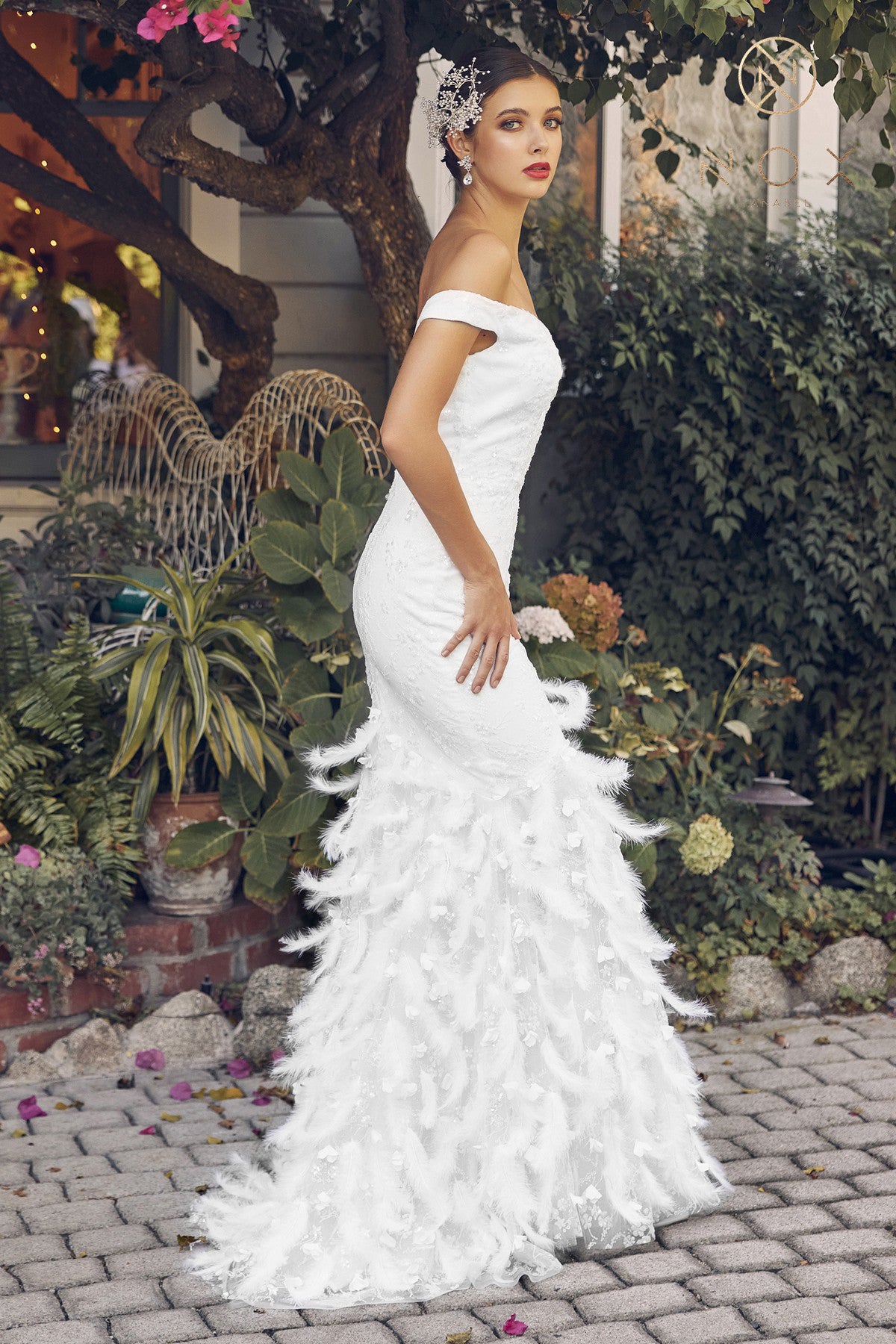 Fitted Feather Off Shoulder Gown By Nox Anabel -C1106W