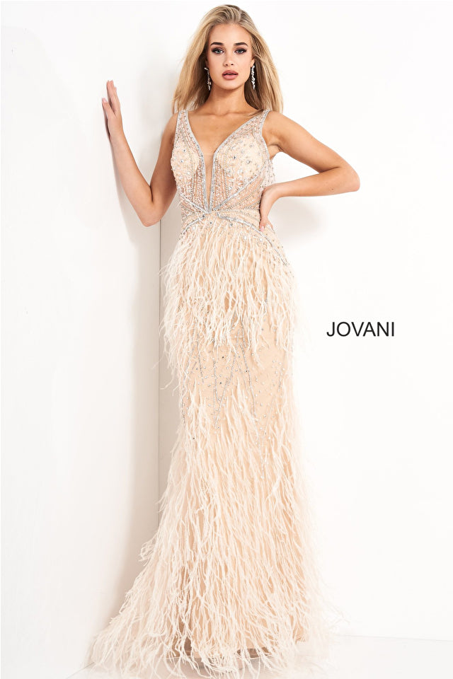 Sheer Embellished Bodice Feather Prom Dress By Jovani -03023