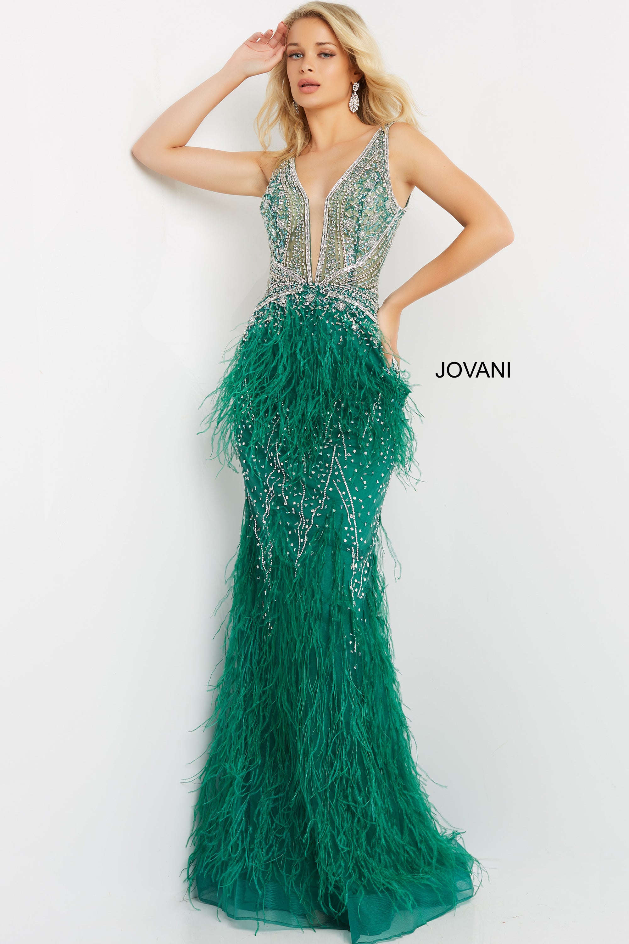 Sheer Embellished Bodice Feather Prom Dress By Jovani -03023