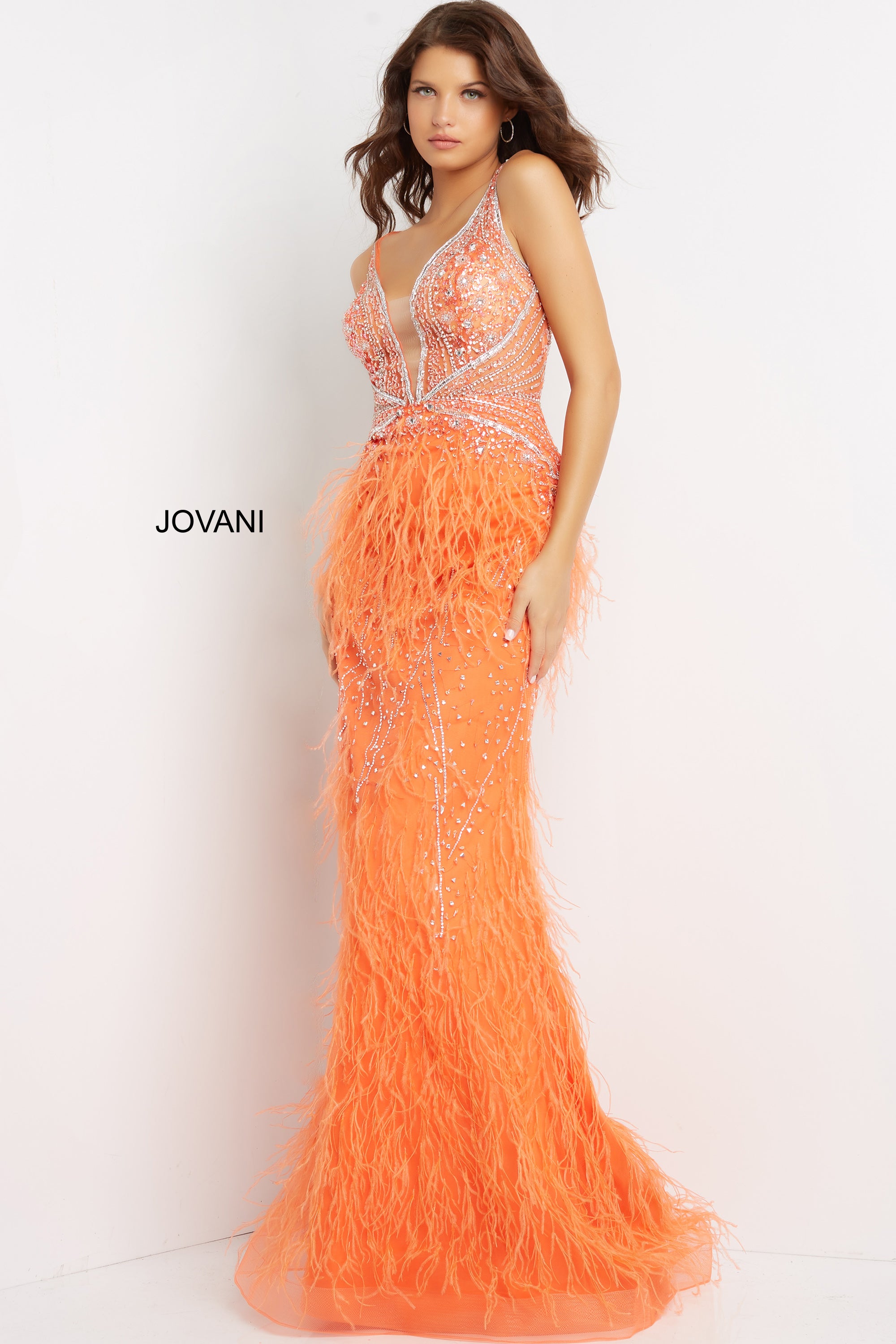 Sheer Embellished Bodice Feather Prom Dress By Jovani -03023